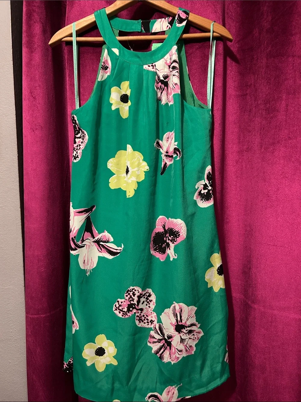 J. Crew Green Floral Halter Tunic with Yellow & Pink Blooms
